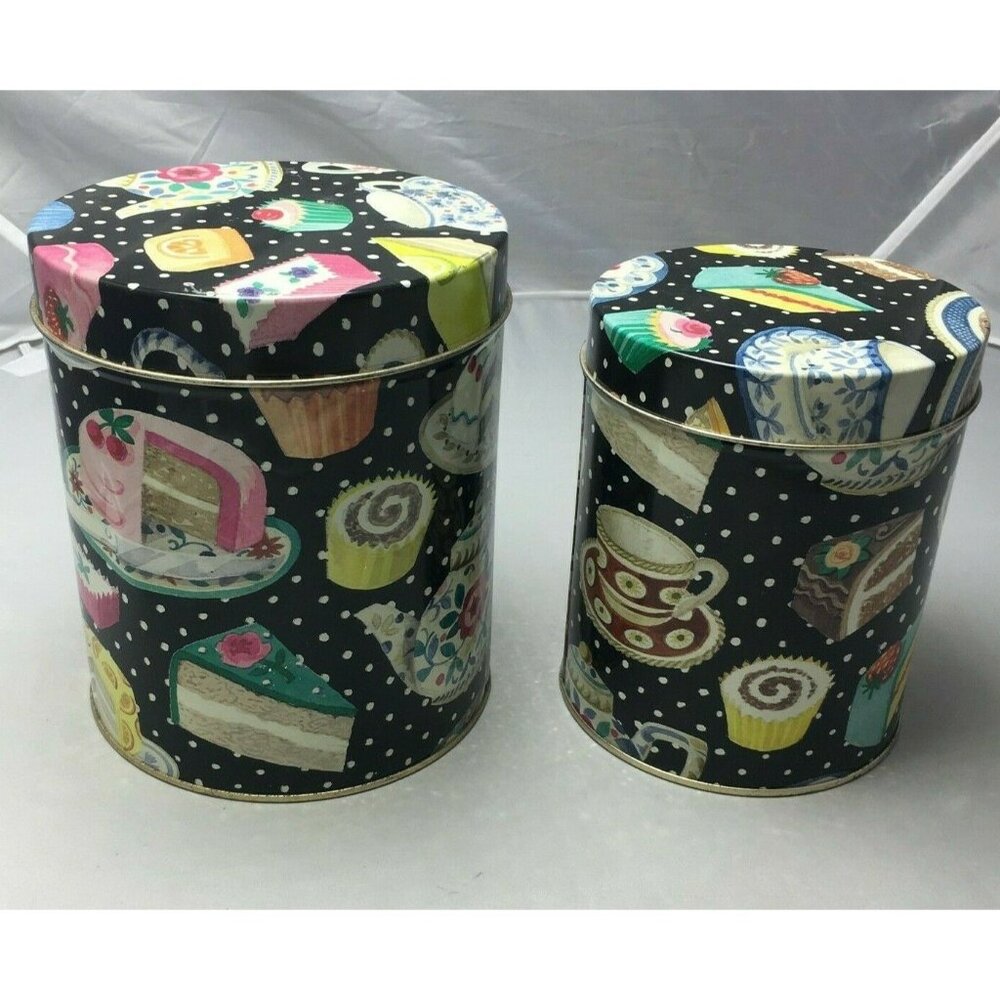 Vintage Department 56 Tea Party Nesting Set Cylinder Tins Polka Dot Cake Design